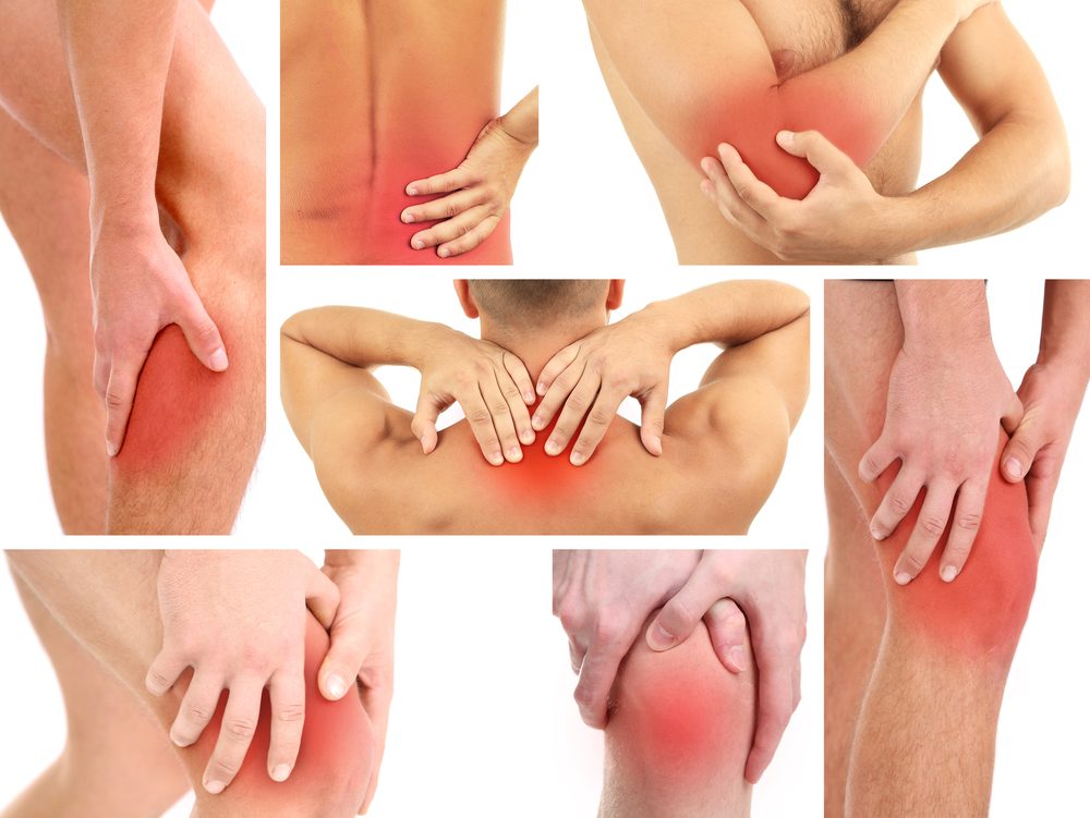 Collage representing man having pain at several part of body